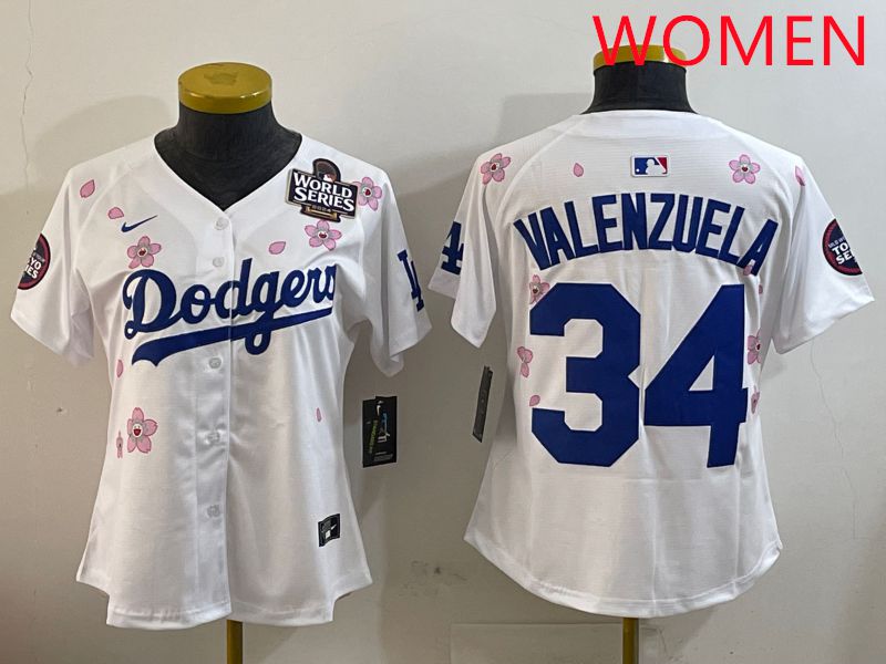 Women Los Angeles Dodgers #34 Valenzuela White Sakura Edition 2025 Nike MLB Jersey style 2